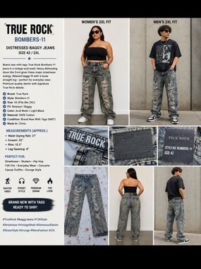TRUE ROCK Men's Distressed Baggy Jeans - Acid Wash Gray/Black
